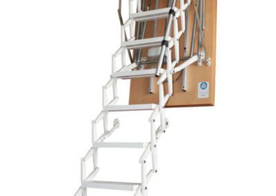 Supreme Electric loft ladder. Wooden hatch box with white powder coat electric concertina ladder. Premier Loft Ladders
