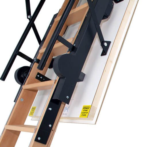 Skylark fully electric foldaway attic stairs. Featuring hardwood ladder and high-strength steel brackets.