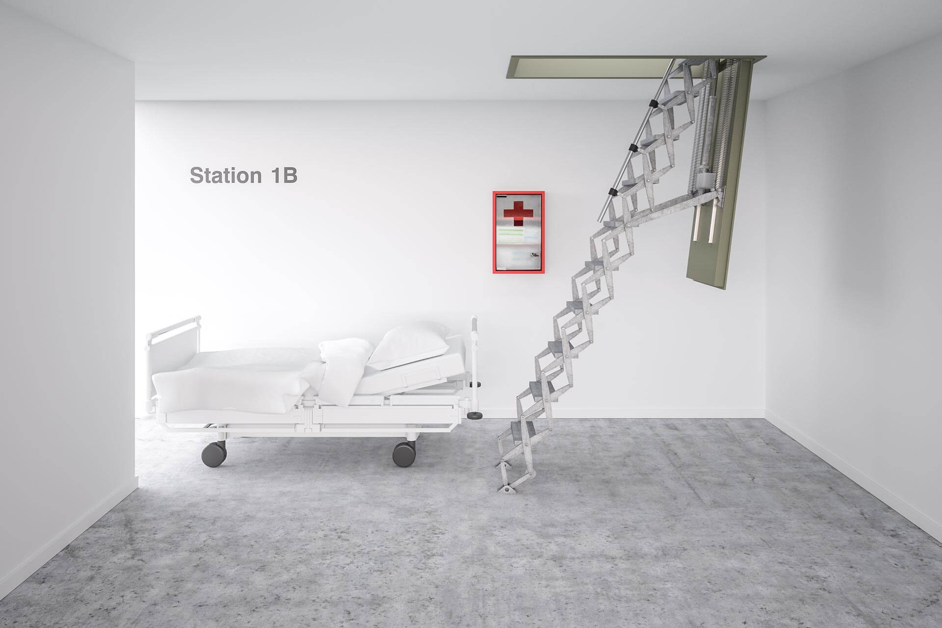 Supreme Electric loft ladder with steel fire rated hatch. Ideal for demanding applications such as hospitals. Premier Loft Ladders