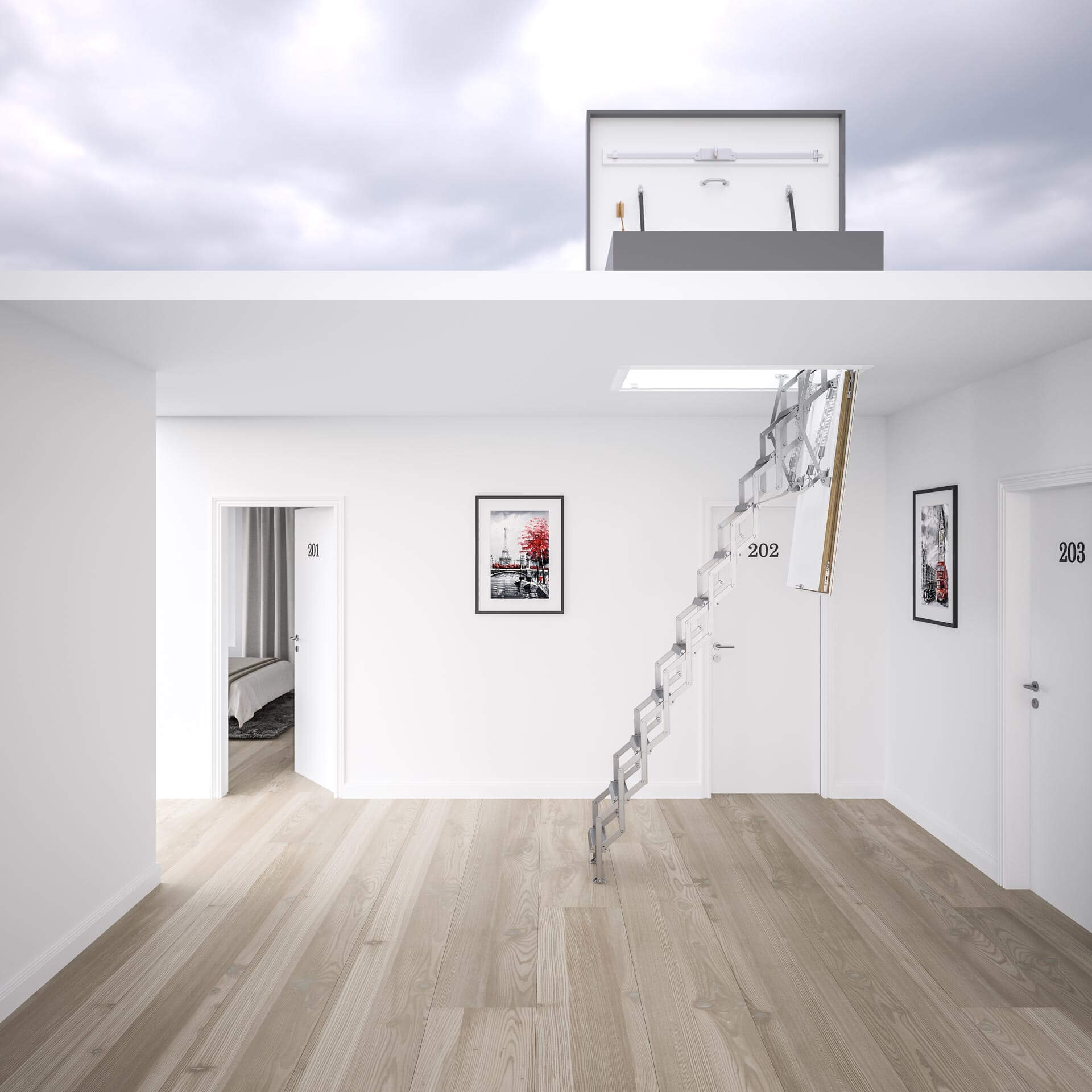 Concertina loft ladder with roof hatch, Ecco from Premier Loft Ladders. Weather resistant flat roof hatch Concertina loft ladder with roof hatch, Ecco from Premier Loft Ladders. Weather resistant flat roof hatch