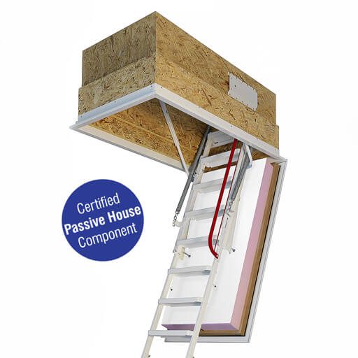 Passivhaus steel loft ladder. Klimatic 160. Highly insulated and fire resistant hatch box.