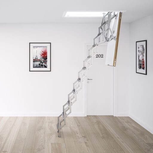 Concertina loft ladder for loft access through a ceiling aperture. Ecco from Premier Loft Ladders.