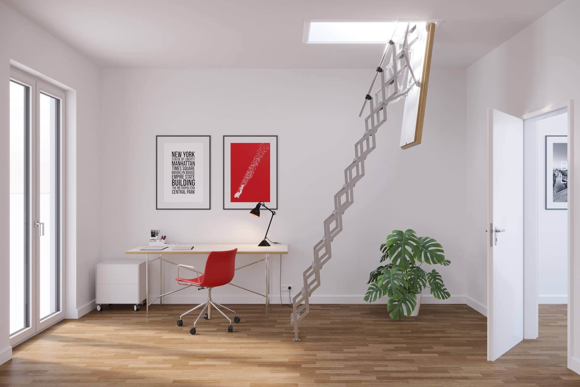 MiniLine fire rated concertina loft ladder. Ideal for use in the home or office. Premier Loft Ladders