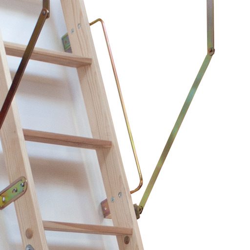 Wooden loft ladder with handrail.