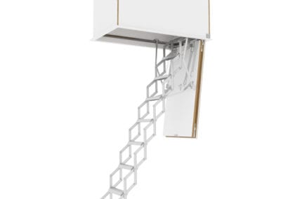 Concertina loft ladder with flat roof access hatch. Available from Premier Loft Ladders