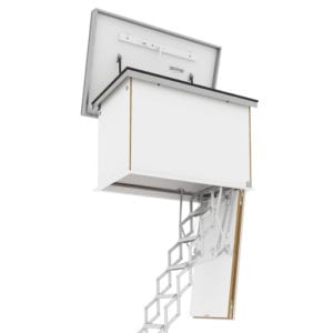 Ecco flat roof access hatch with concertina ladder. Premier Loft Ladders