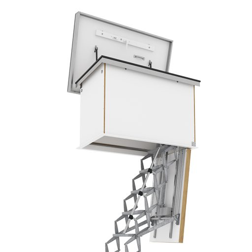 Supreme Electric Ladder with Flat Roof Access Hatch. Fully automatic retractable ladder with insulated and airtight roof access hatch. Premier Loft Ladders