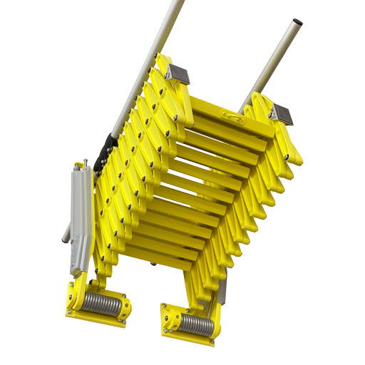 Elite concertina loft ladder in stowed position with bright yellow finish - Premier Loft Ladders Elite concertina loft ladder in stowed position with bright yellow finish - Premier Loft Ladders