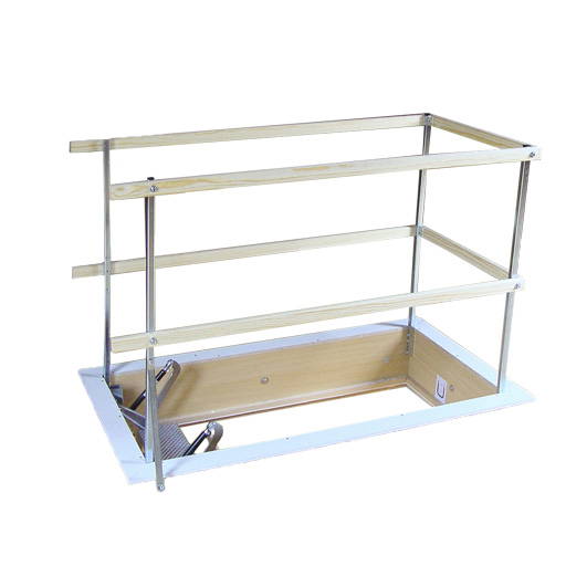 Upper-level guardrail for loft ladder openings. Metal uprights with wooden slats.